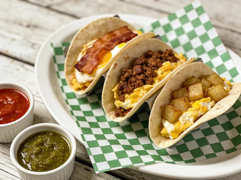 Three breakfast tacos on flour tortillas with red and green salsa