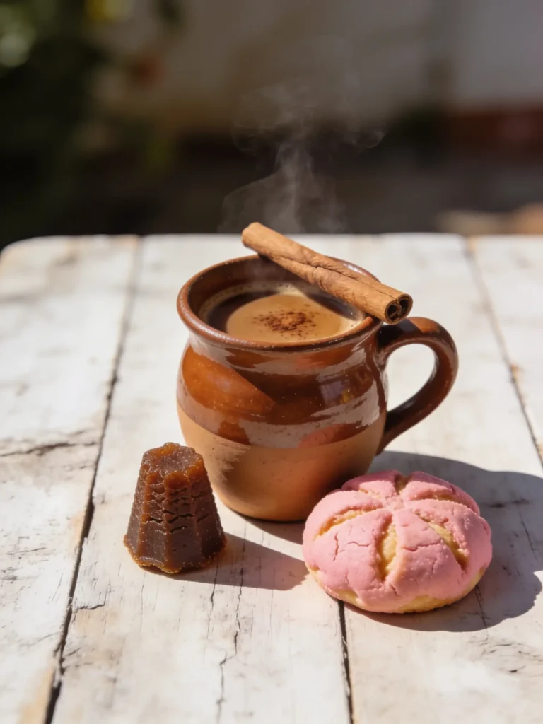 Cafe de olla in a clay mug with cinnamon and a concha