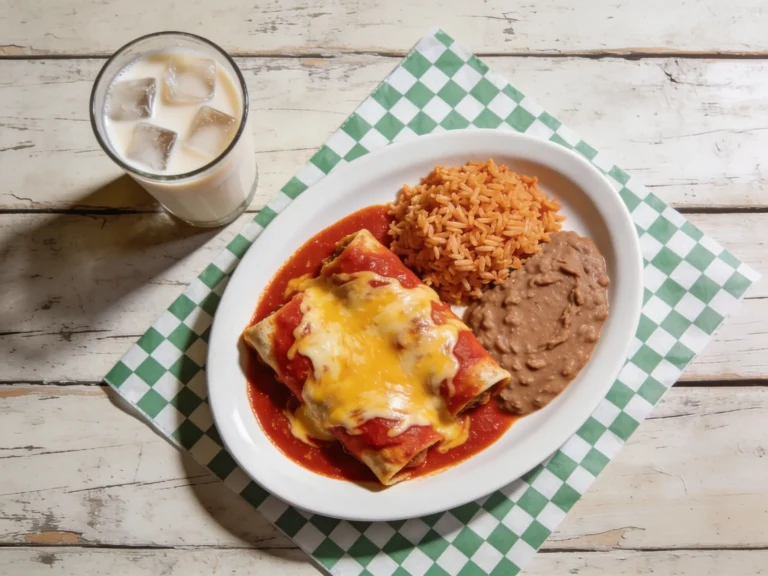 Red cheese enchiladas with rice, beans and horchata