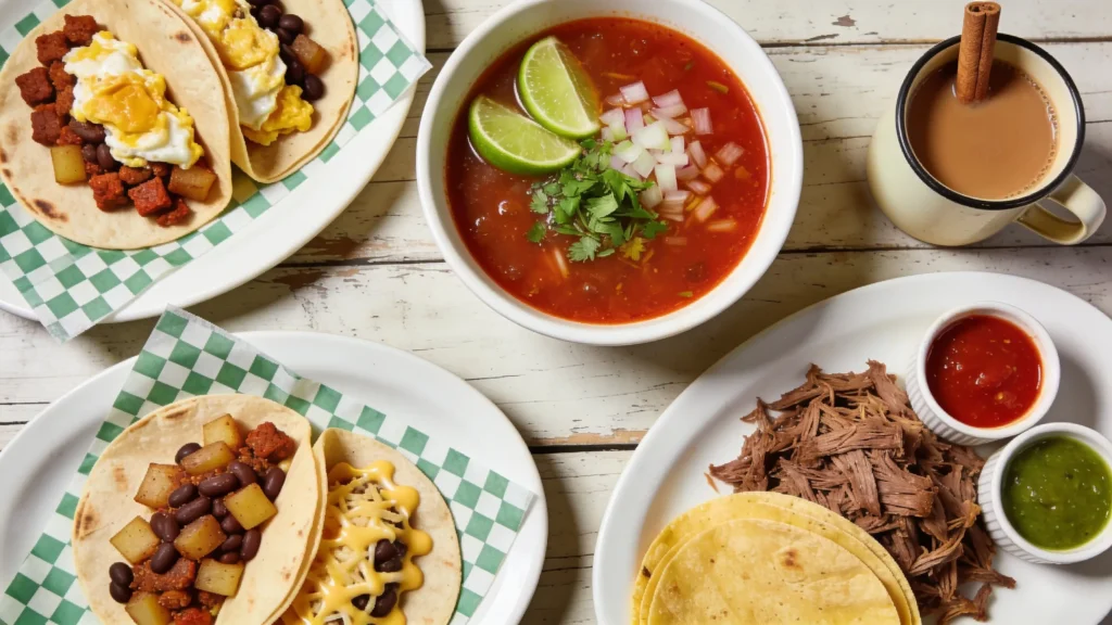 Breakfast tacos, menudo, barbacoa and cafe de olla on a wood table